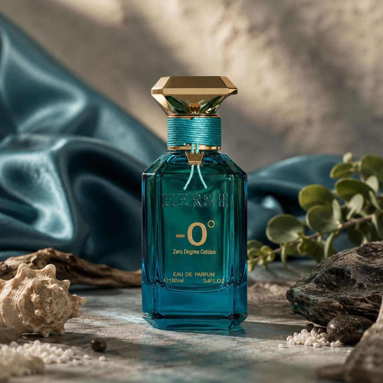 Soghaat Hersh -0° Eau de Parfum for Unisex, 100ml bottle with teal accents and gold cap. Fresh oud fragrance.