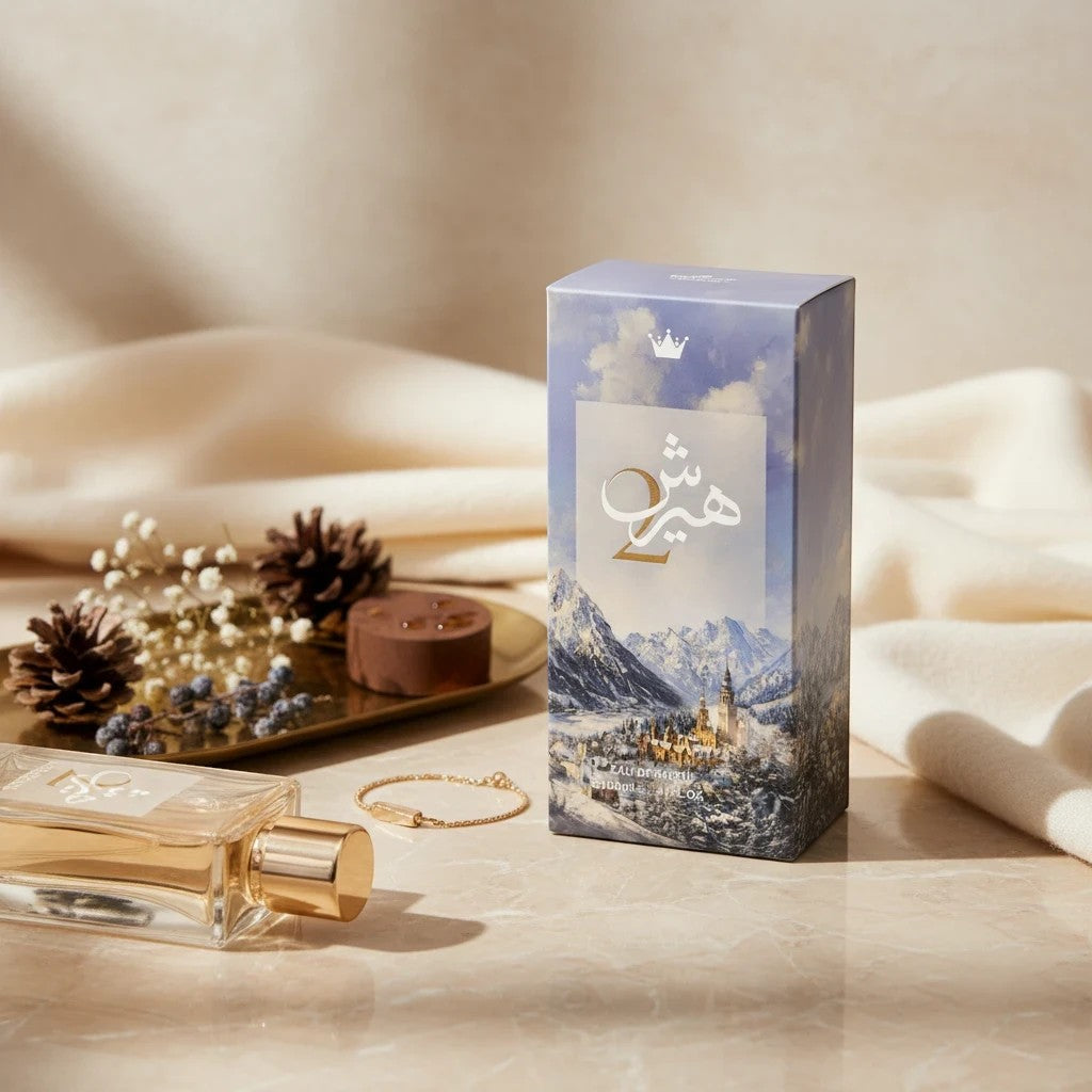 Soghaat Hersh 2 100ml Eau de Parfum bottle and box with winter mountain landscape. Unisex citrus aromatic fragrance.