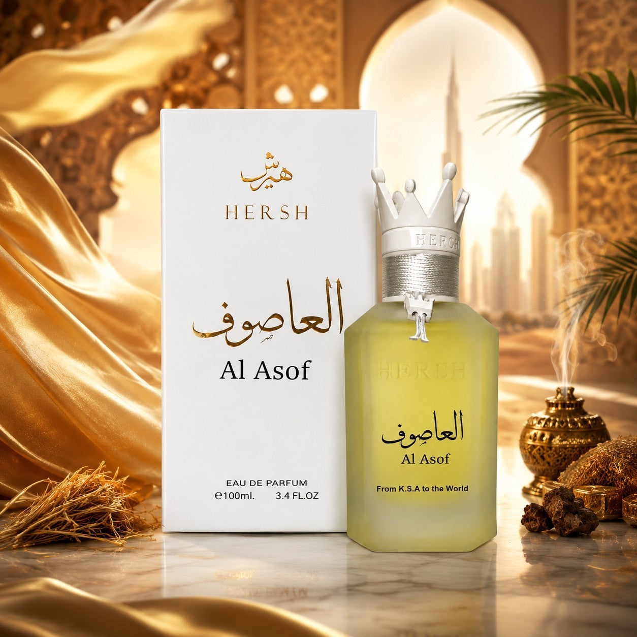 Soghaat Hersh Al Asof 100ml Eau de Parfum bottle with white box, featuring floral jasmine and earthy vetiver notes.