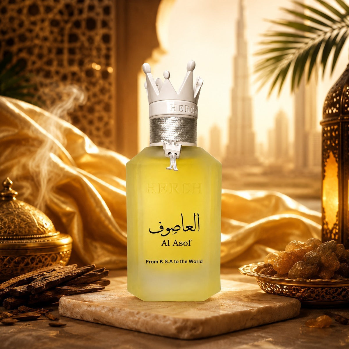 Soghaat Hersh Al Asof 100ml unisex Eau de Parfum with a crown-shaped cap, featuring floral and earthy notes.