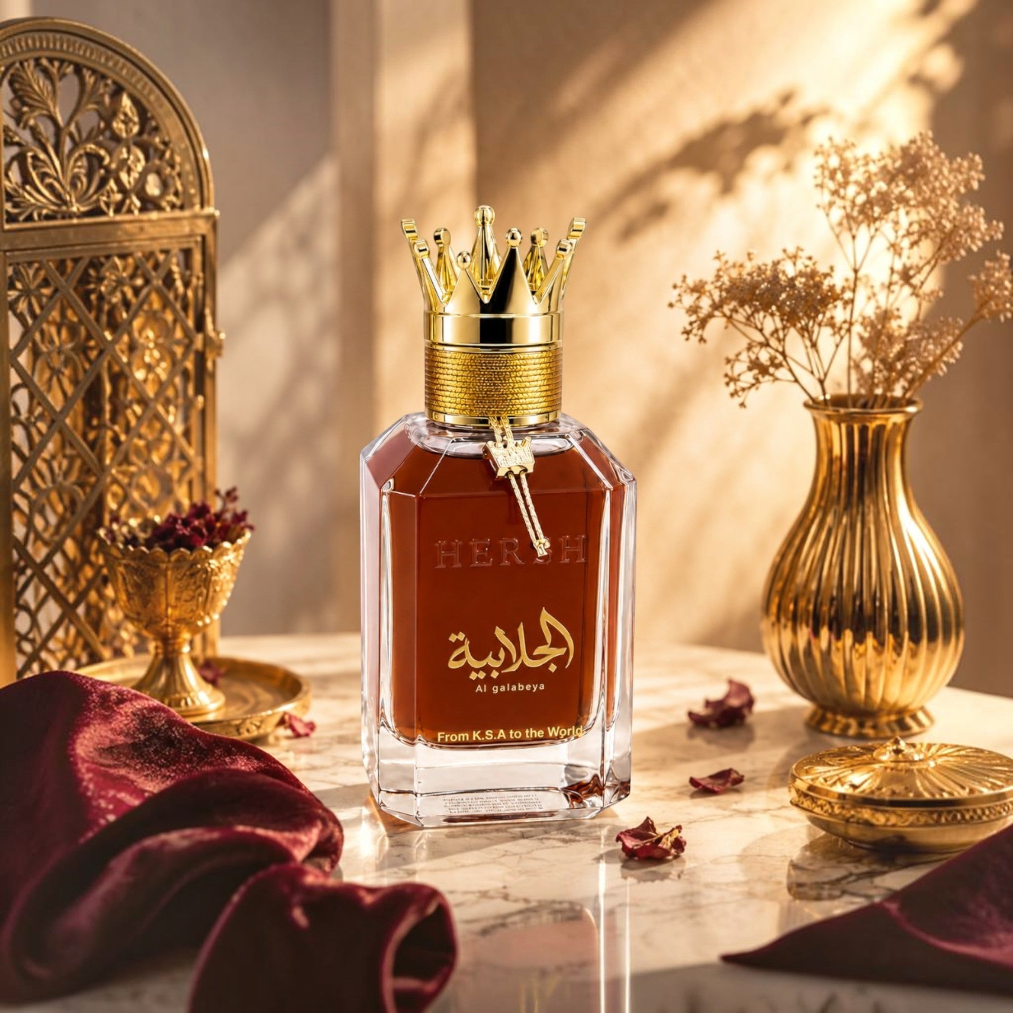Soghaat Hersh Al Galabeya Eau de Parfum in a glass bottle with a gold crown cap, set on a marble table with gold decor.