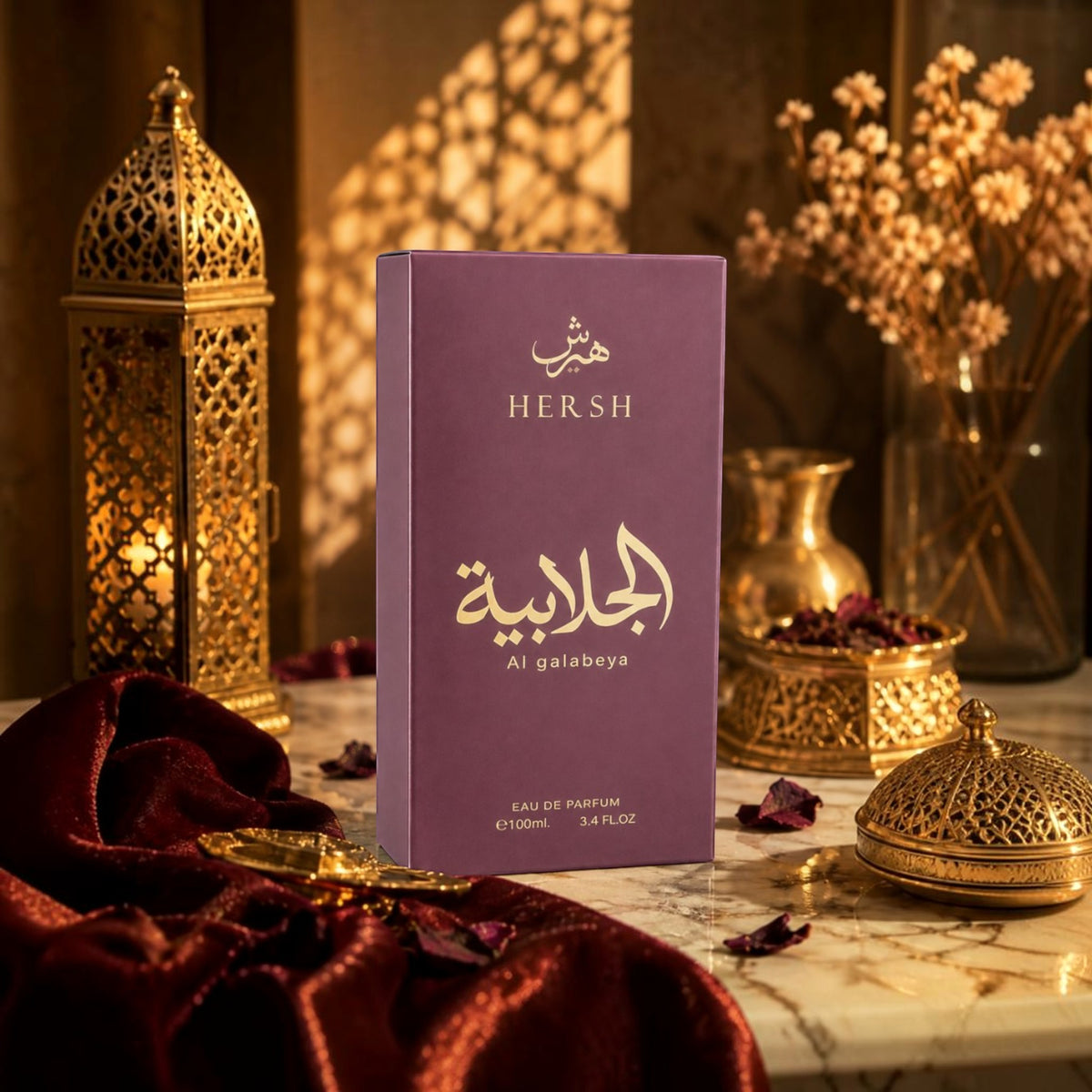 Soghaat Hersh Al Galabeya Eau de Parfum 100ml bottle in a purple box, displayed with golden lanterns on a marble table.