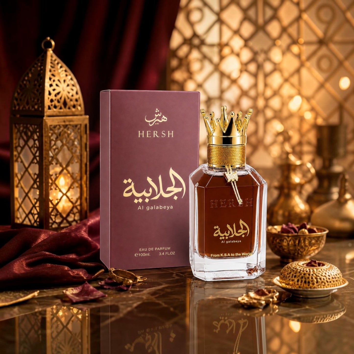 Soghaat Hersh Al Galabeya Eau de Parfum bottle and box with a gold crown cap, set against an elegant Arabian backdrop.