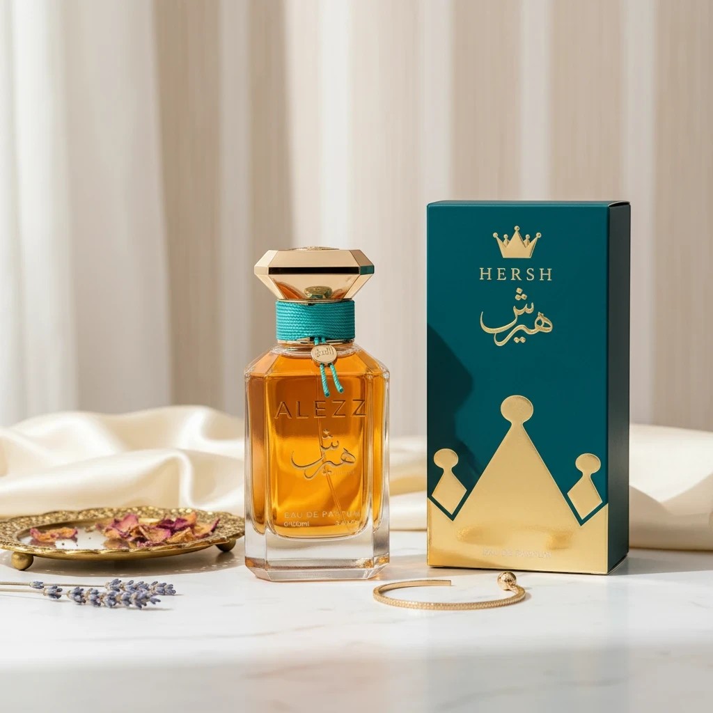 Soghaat Hersh Bukhori 100ml Eau de Parfum bottle with teal and gold accents, next to its teal and gold box.