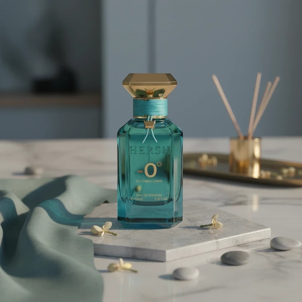 Soghaat Hersh -0° 100ml Eau de Parfum, unisex fresh oud with passionfruit and citrus notes in a teal glass bottle with gold cap.