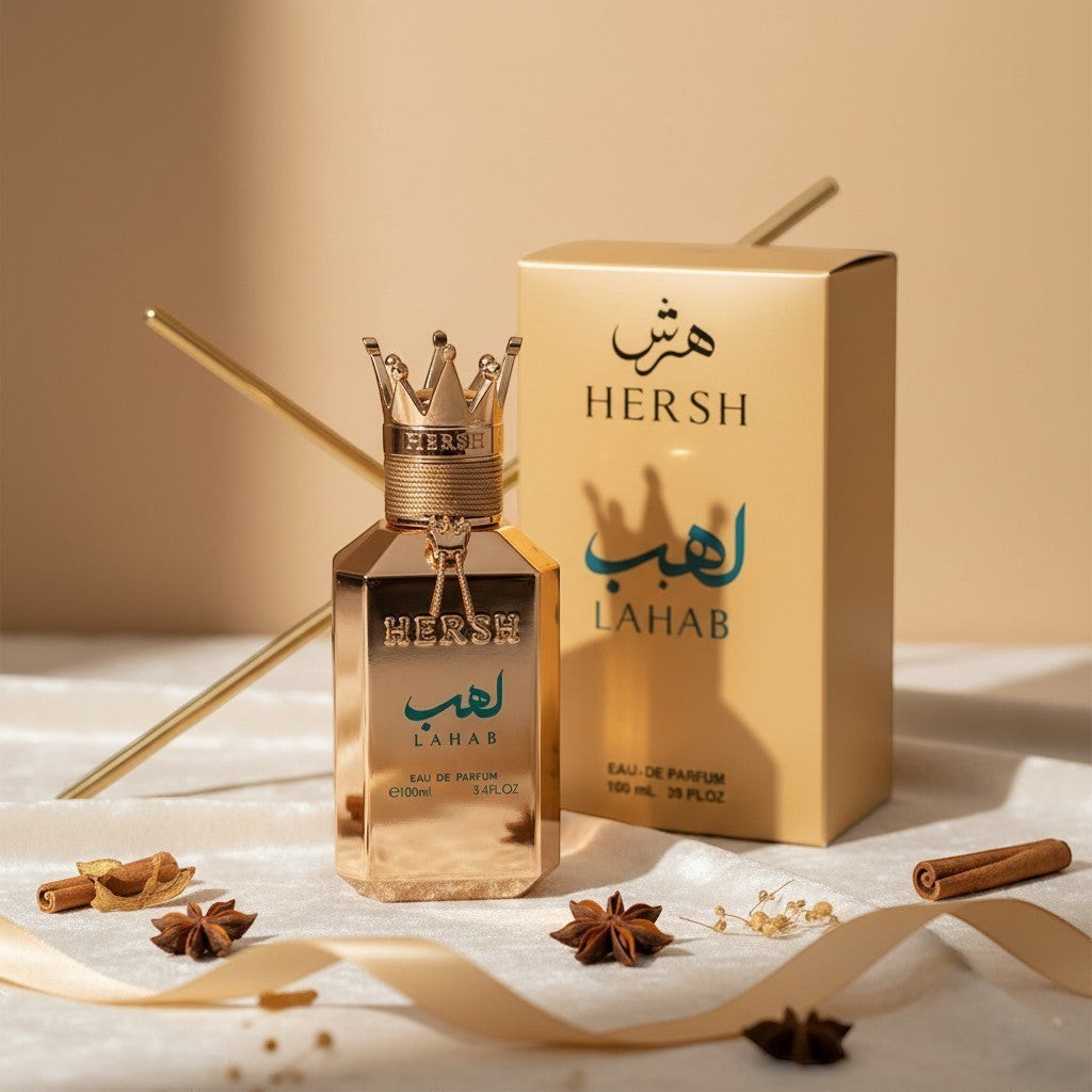 Soghaat Hersh Lahab 100ml Eau de Parfum bottle with crown cap and gold box. Aromatic fresh spicy woody fragrance.