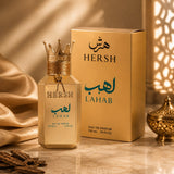 Soghaat Hersh Lahab 100ml Eau de Parfum bottle and box, gold with Arabic script and crown cap.