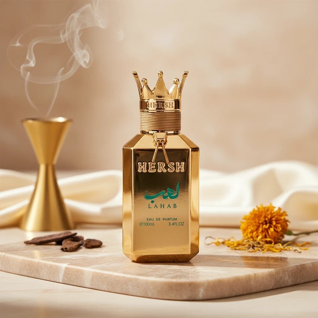 Soghaat Hersh Lahab 100ml Eau de Parfum bottle with a gold crown cap, featuring aromatic fresh spicy woody notes.