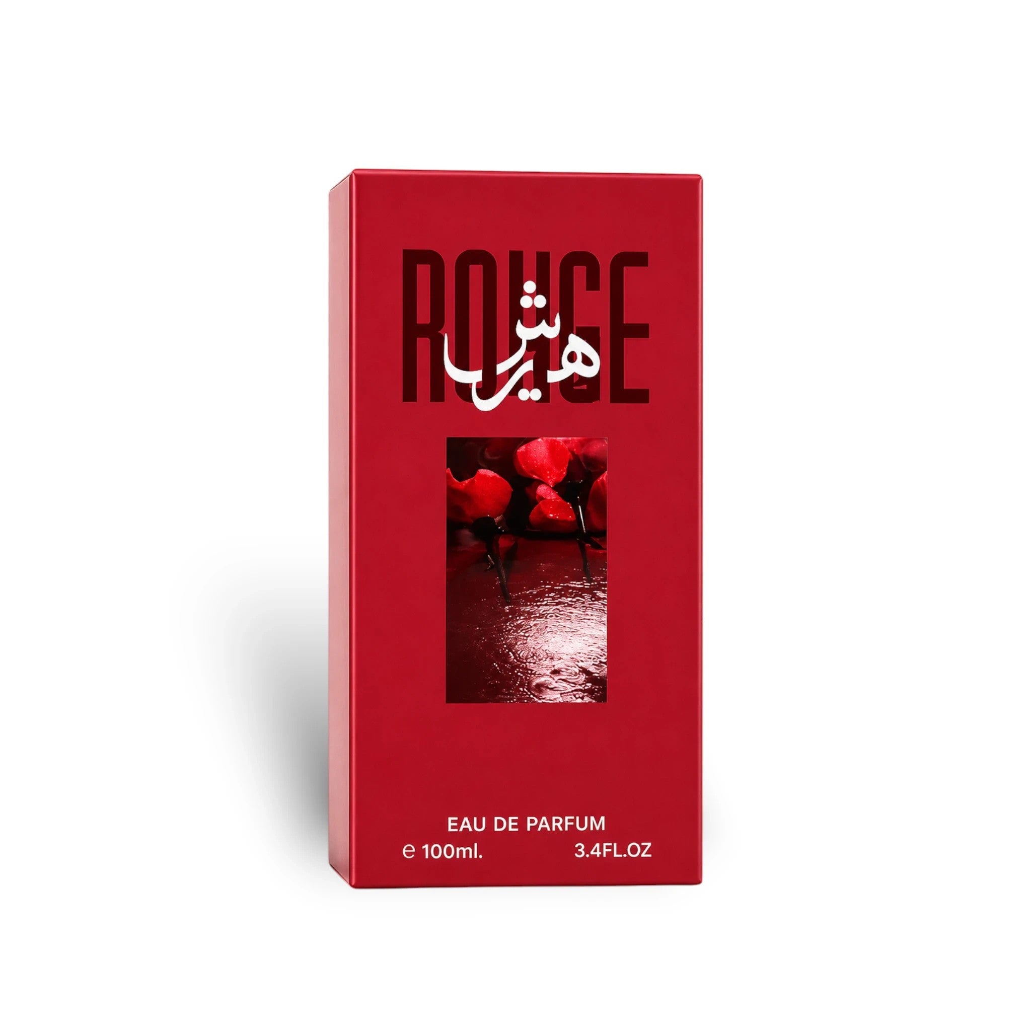 Soghaat Hersh Rouge Eau de Parfum 100ml bottle in a vibrant red box with elegant floral and liquid design details.