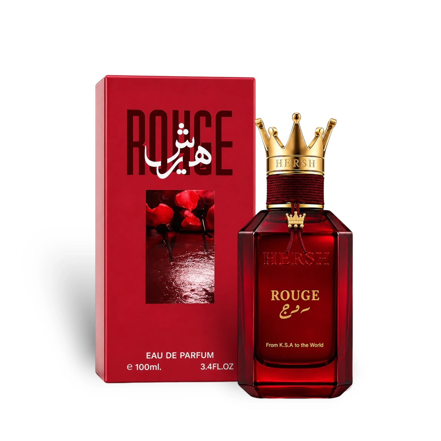 Soghaat Hersh Rouge 100ml Eau de Parfum in a deep red glass bottle with a gold crown cap next to its matching red box.