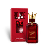 Soghaat Hersh Rouge 100ml Eau de Parfum in a deep red glass bottle with a gold crown cap next to its matching red box.
