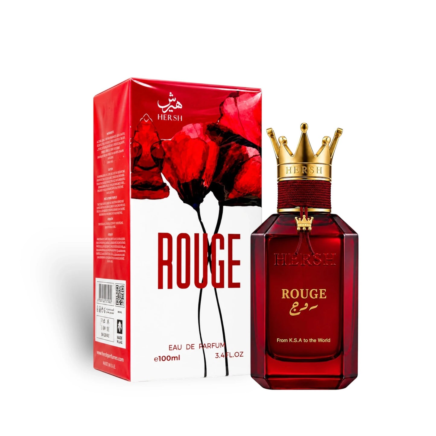 Soghaat Hersh Rouge Eau de Parfum in a red glass bottle with a gold crown cap, next to its matching red floral box.