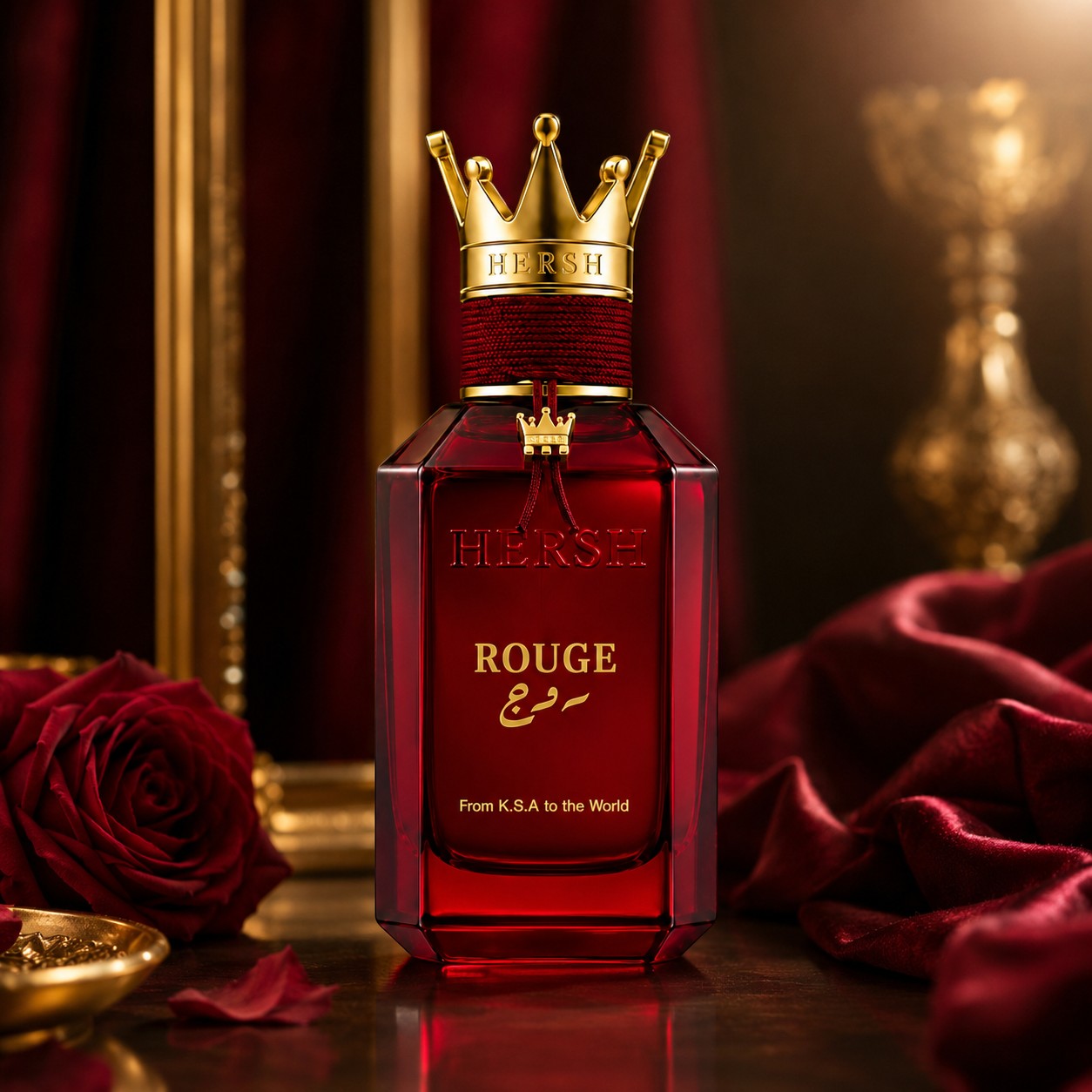Soghaat Hersh Rouge Eau de Parfum in a deep red glass bottle with a gold crown cap, set against red roses and fabric.