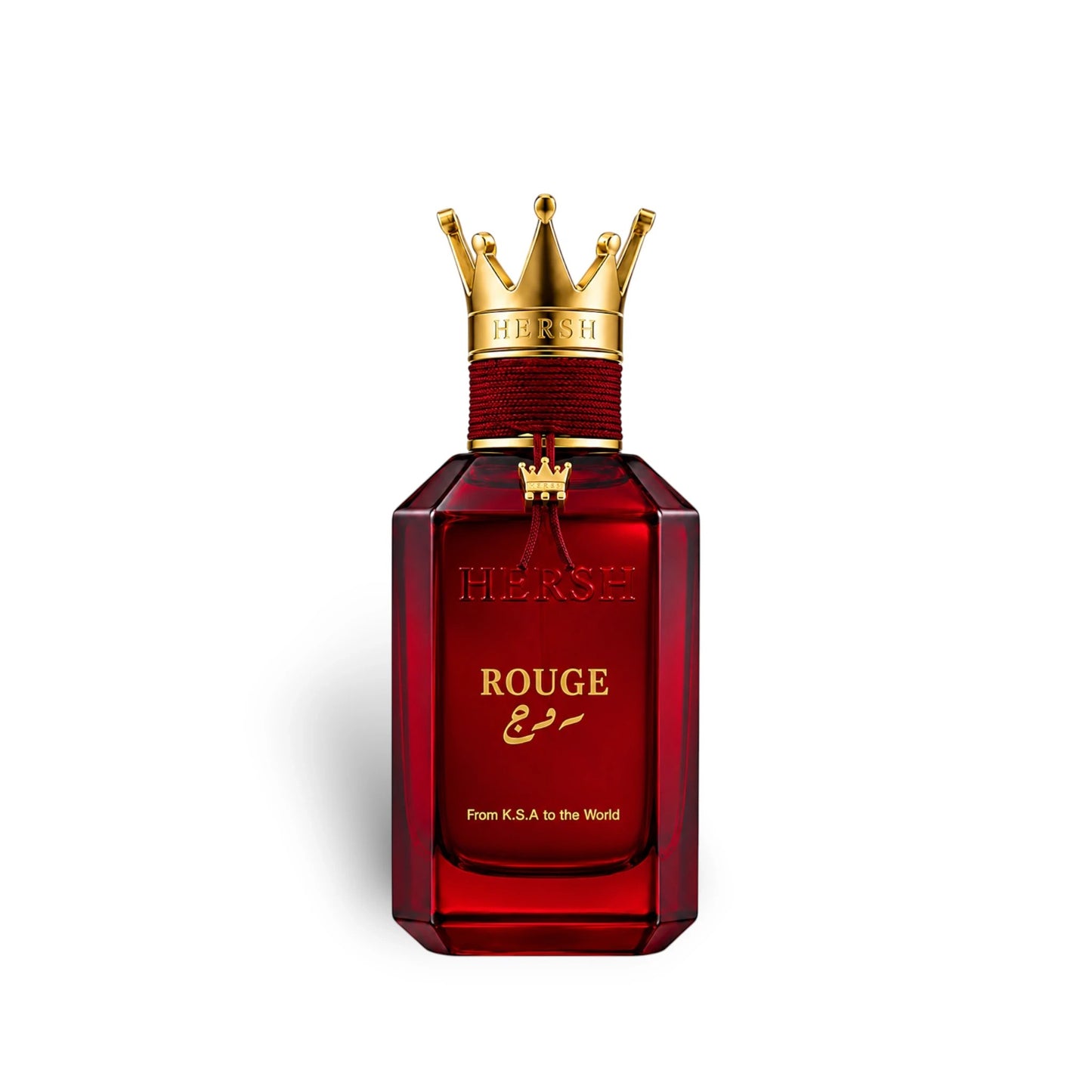 Soghaat Hersh Rouge Eau de Parfum in a deep red glass bottle with a gold crown-shaped cap and red cord detail.