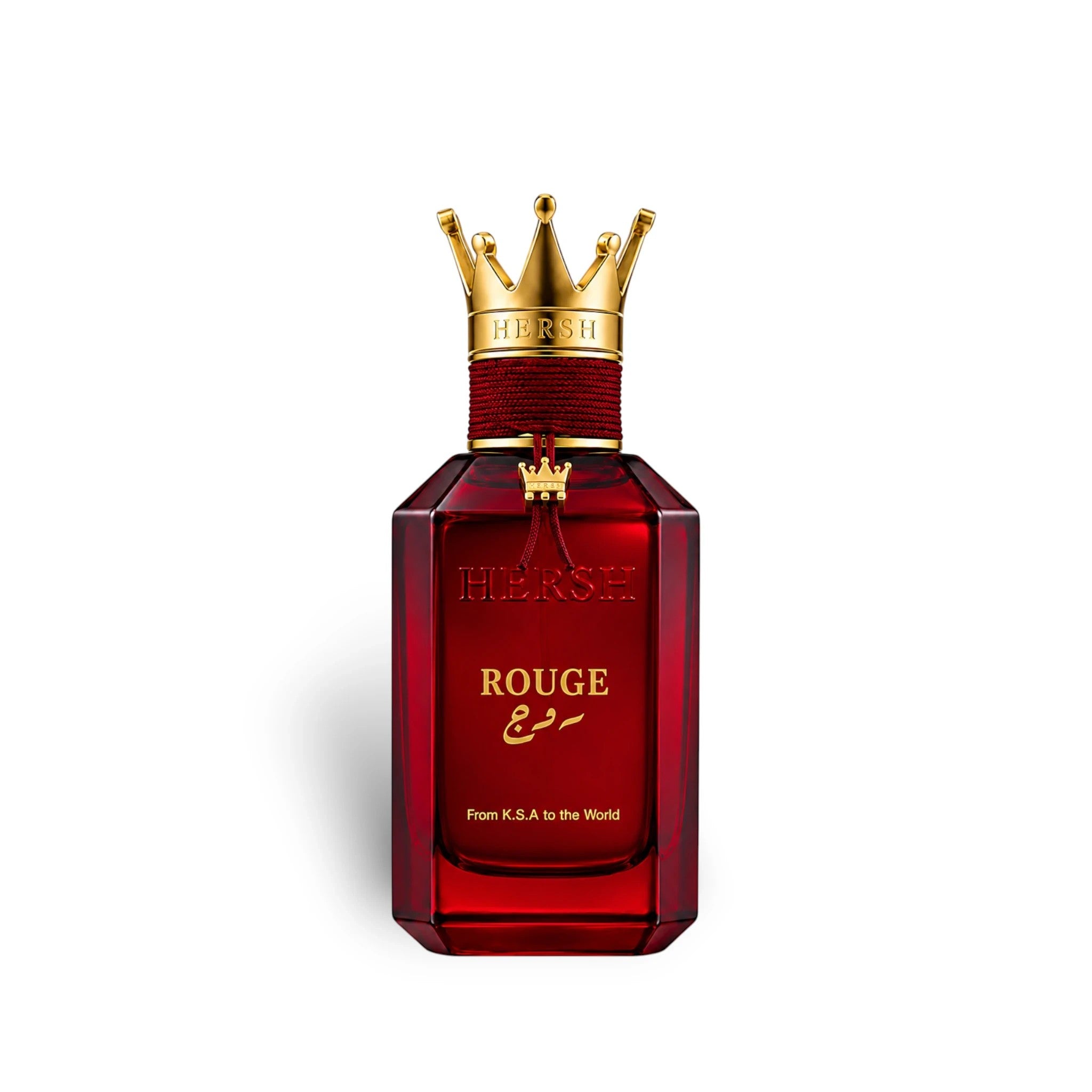 Soghaat Hersh Rouge Eau de Parfum in a deep red glass bottle with a gold crown-shaped cap and red cord detail.