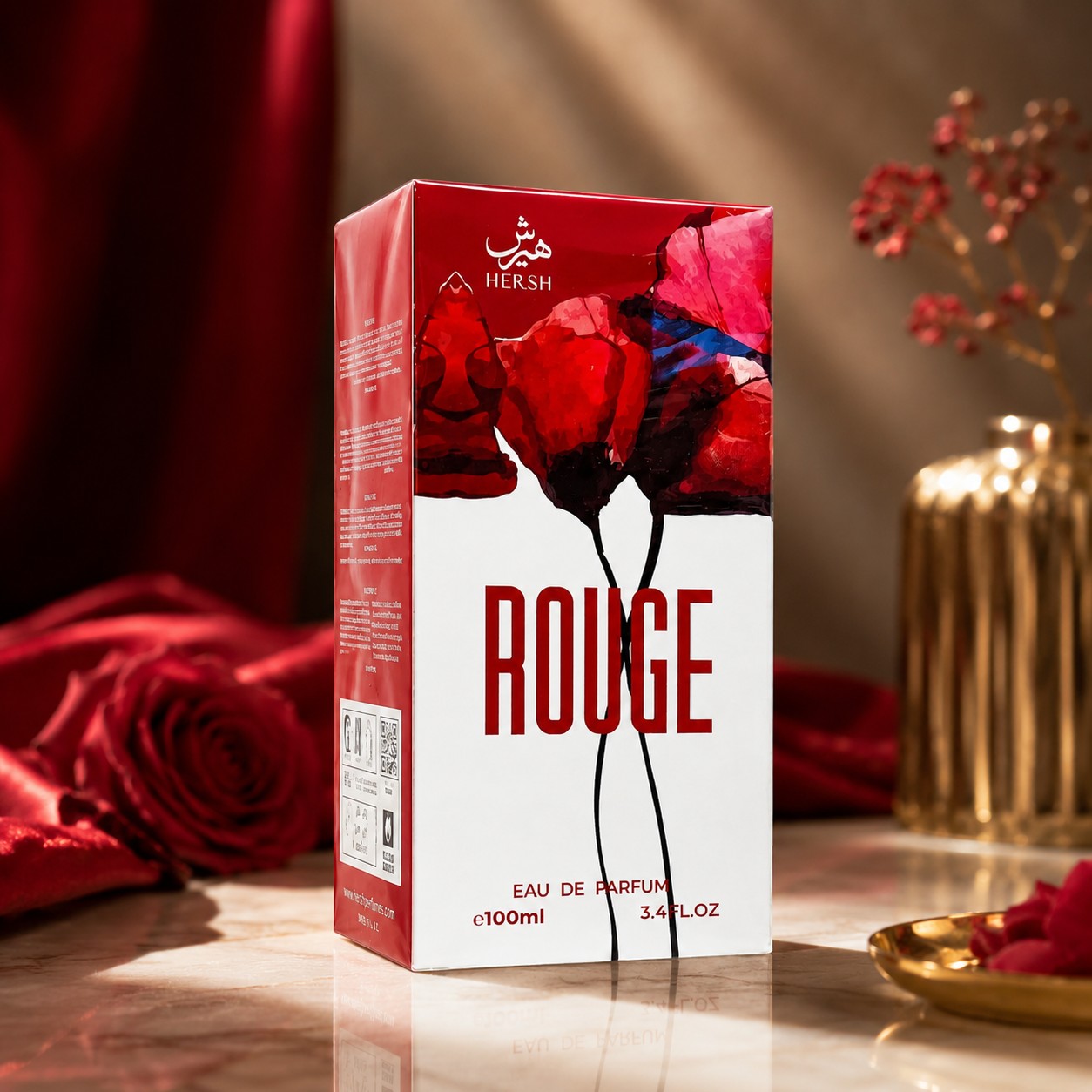 Soghaat Hersh Rouge Eau de Parfum 100ml box featuring red floral artwork on a marble surface with roses and gold decor.
