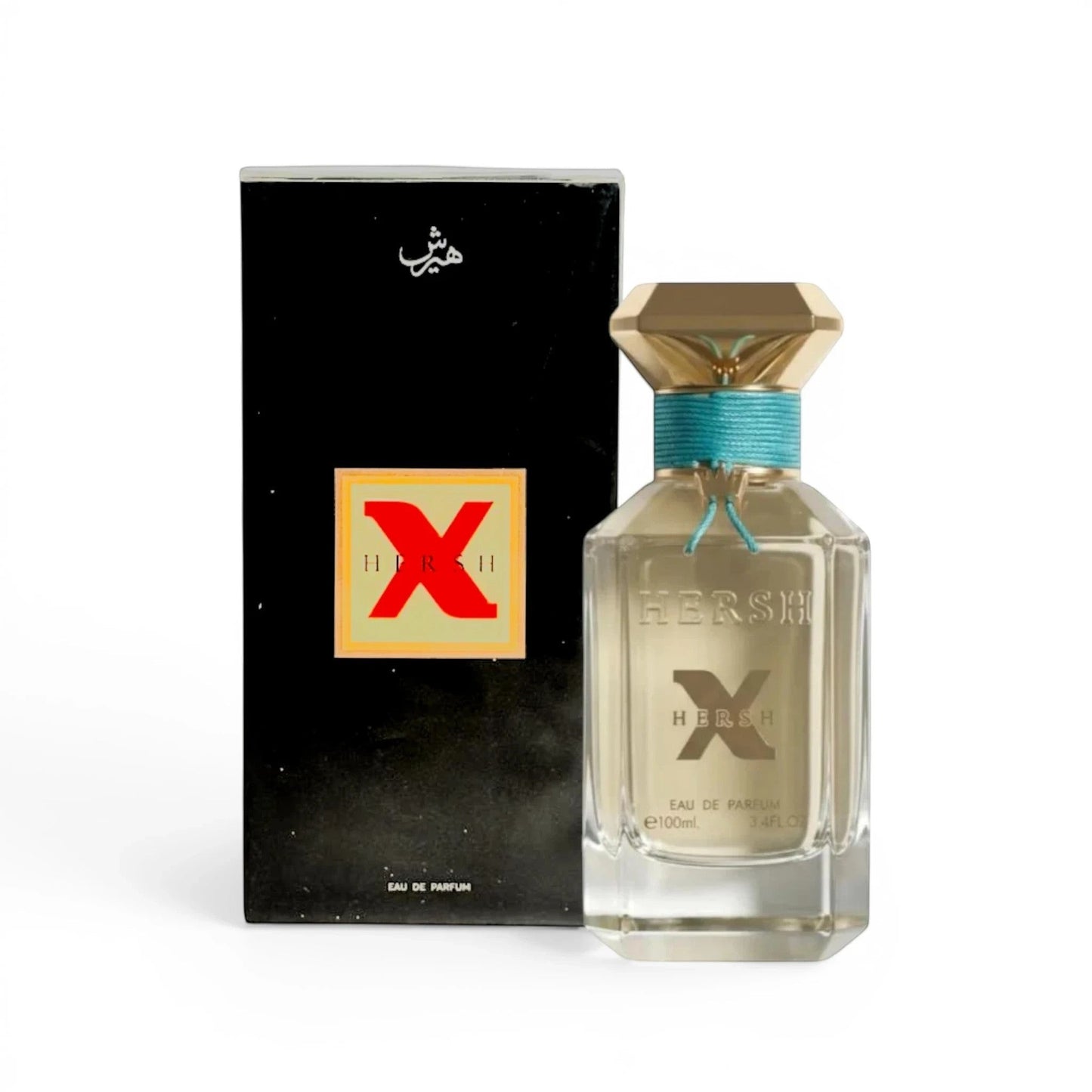 Soghaat Hersh X 100ml Eau de Parfum for unisex, featuring a clear glass bottle with a gold faceted cap and turquoise detailing. The fragrance has a light golden hue.