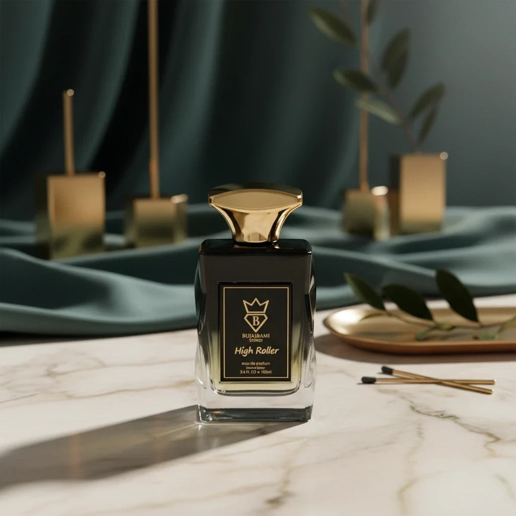 Soghaat High Roller Eau de Parfum for men, amber woody oriental fragrance with spicy, wild lavender, and woody notes.