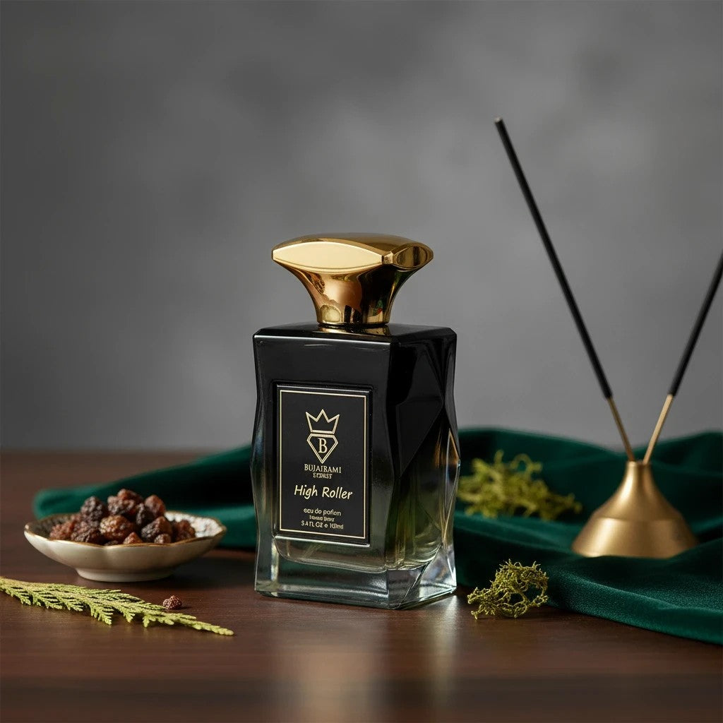 Soghaat High Roller Eau de Parfum for men, amber woody oriental fragrance with spicy, wild lavender, and woody notes.