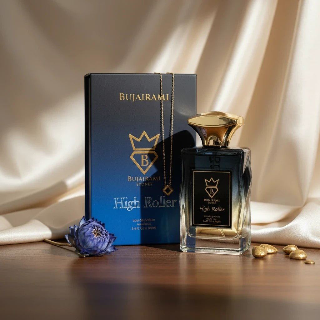 Bujairami High Roller Eau de Parfum for men, amber woody oriental fragrance with spicy, wild lavender, and woody notes.