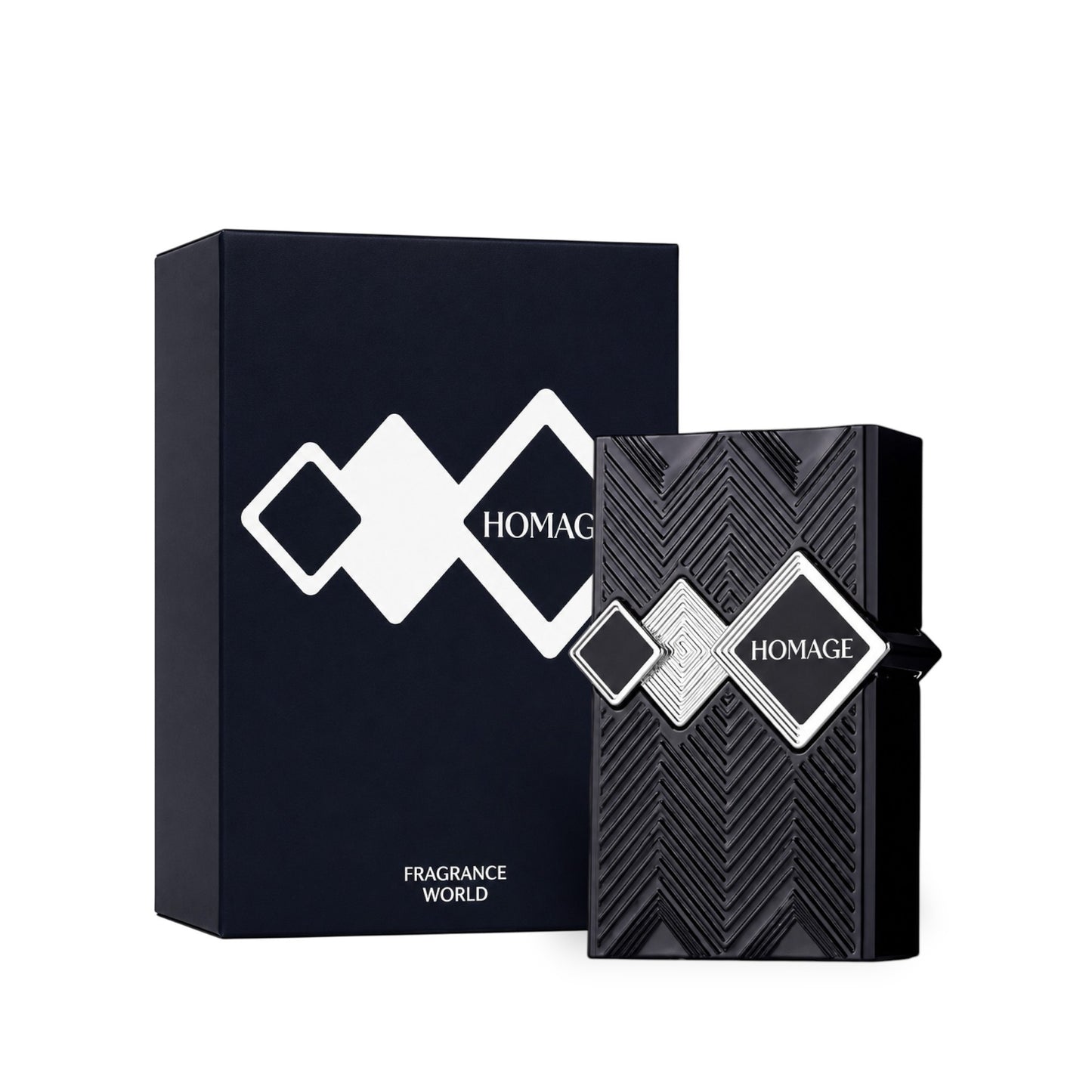Soghaat Homage Eau de Parfum by Fragrance World in a black textured bottle and matching box with geometric design.
