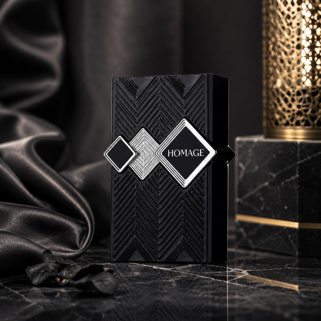 Soghaat Homage Eau de Parfum by Fragrance World in a sleek black textured bottle with geometric silver accents.