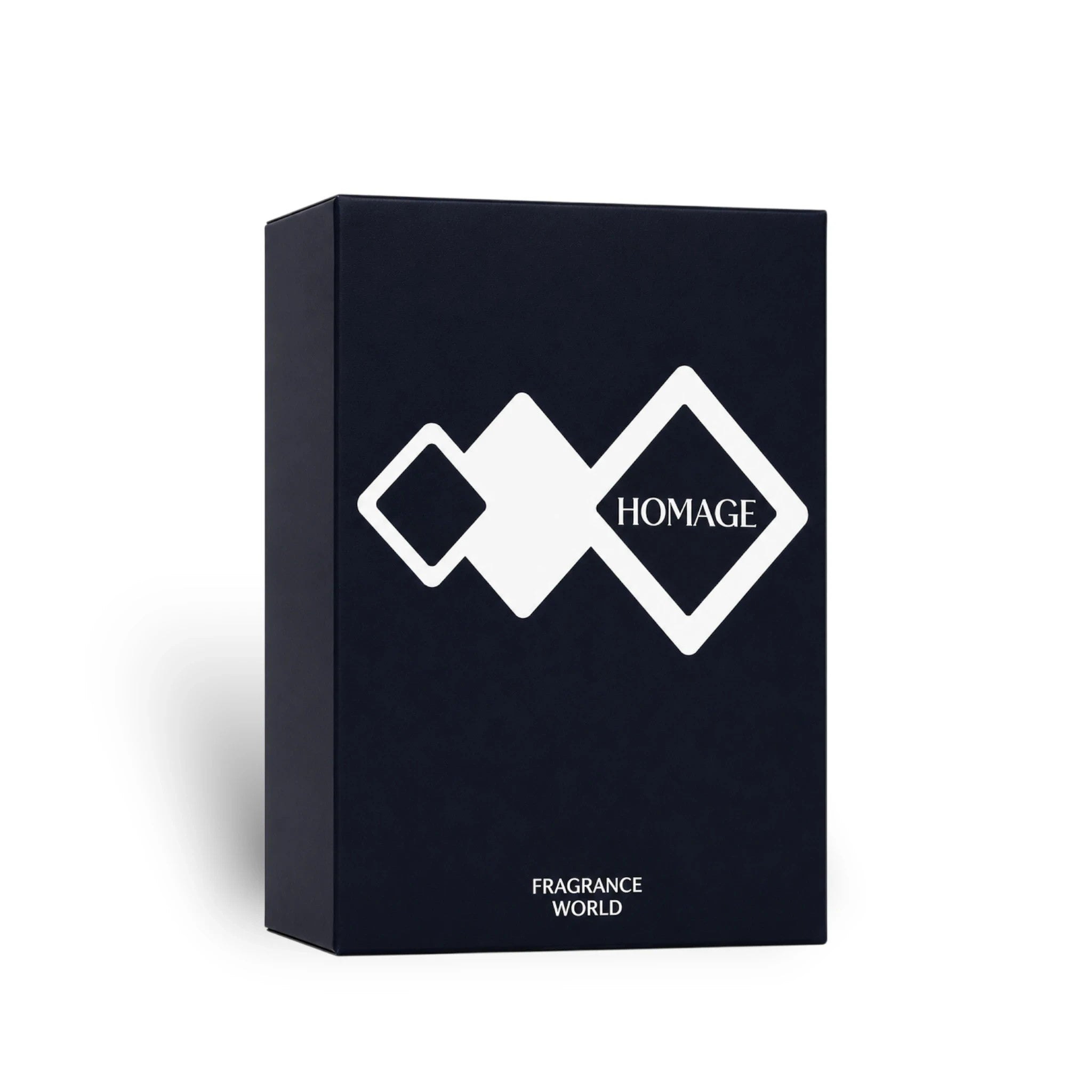 Soghaat Homage Eau de Parfum by Fragrance World in a sleek black rectangular box with white geometric logo design.