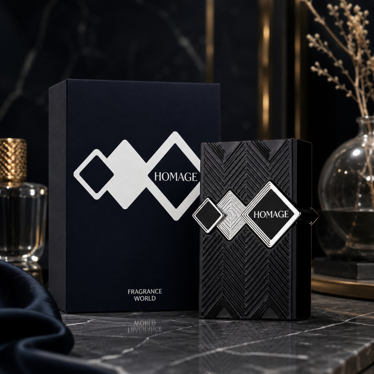 Soghaat Homage Eau de Parfum by Fragrance World in a black textured bottle and matching box on a marble surface.