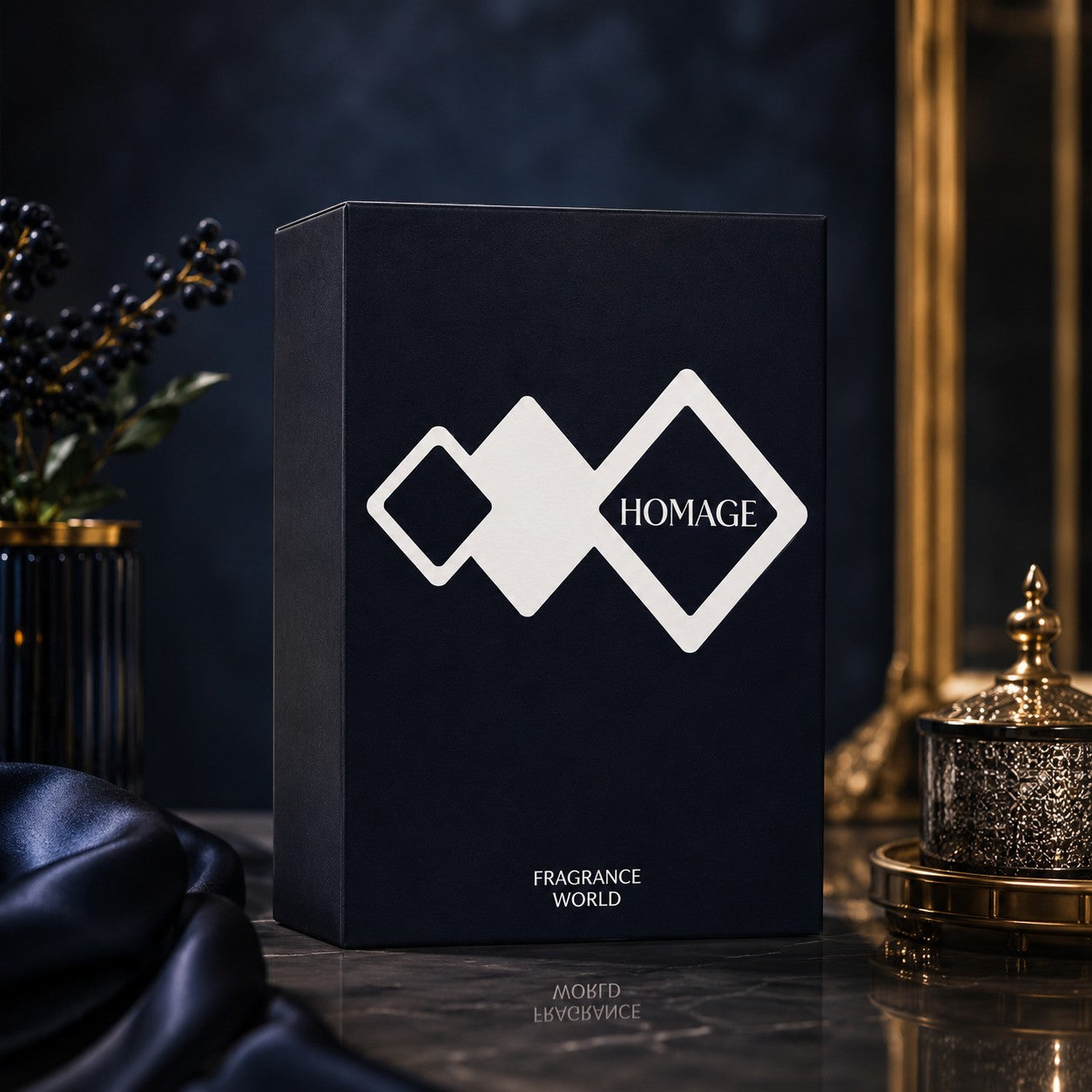 Soghaat Homage Eau de Parfum by Fragrance World in a sleek black box with geometric white logo on a dark surface.