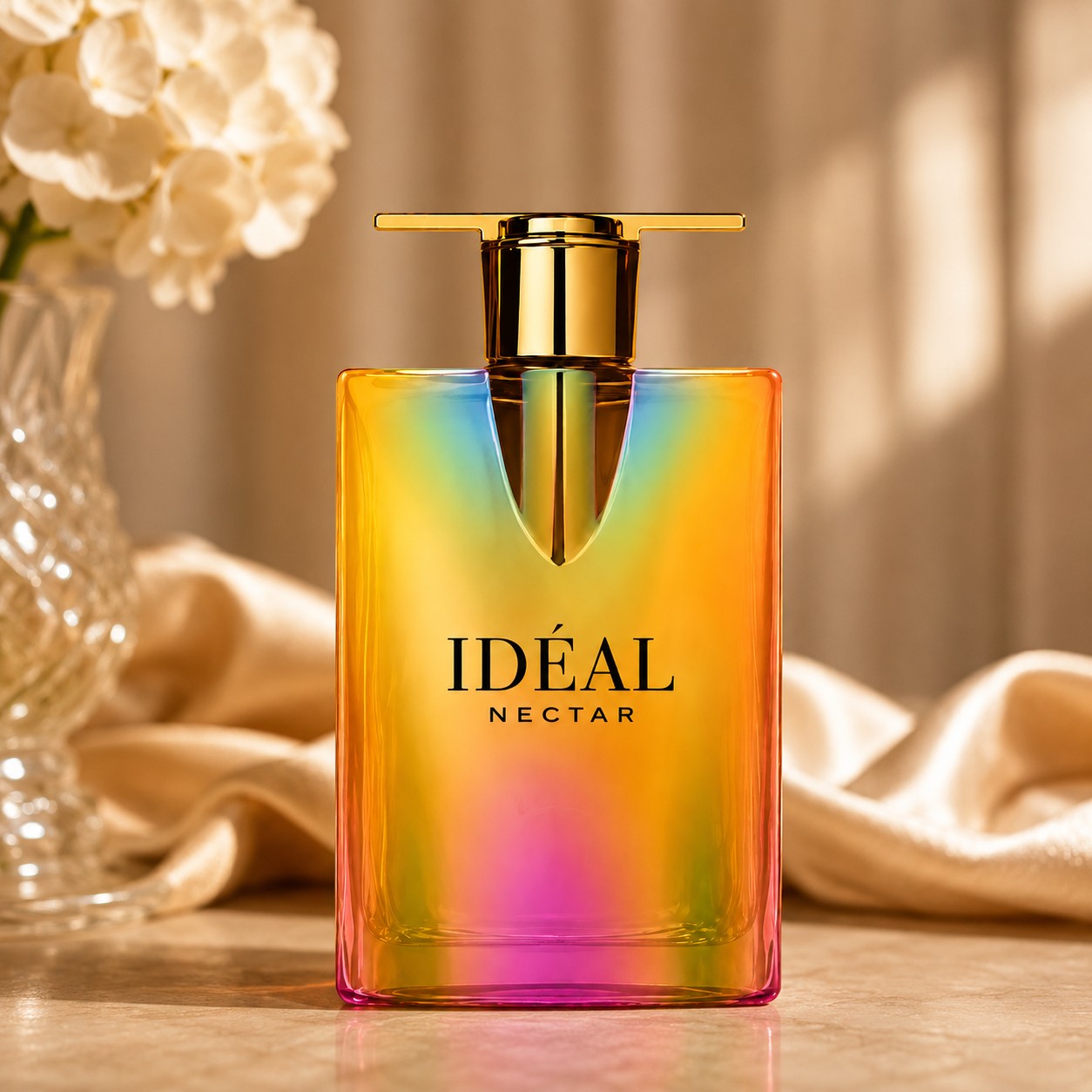 Soghaat Ideal Nectar 100ml Eau de Parfum for women with iridescent glass bottle and gold accents. Sweet floral gourmand scent.