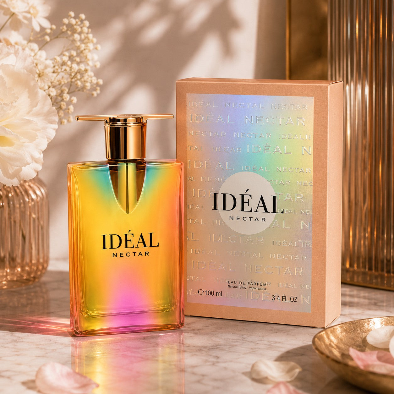 Soghaat Ideal Nectar 100ml Eau de Parfum for women, a sweet floral gourmand fragrance with rose, caramel, popcorn, and vanilla notes.
