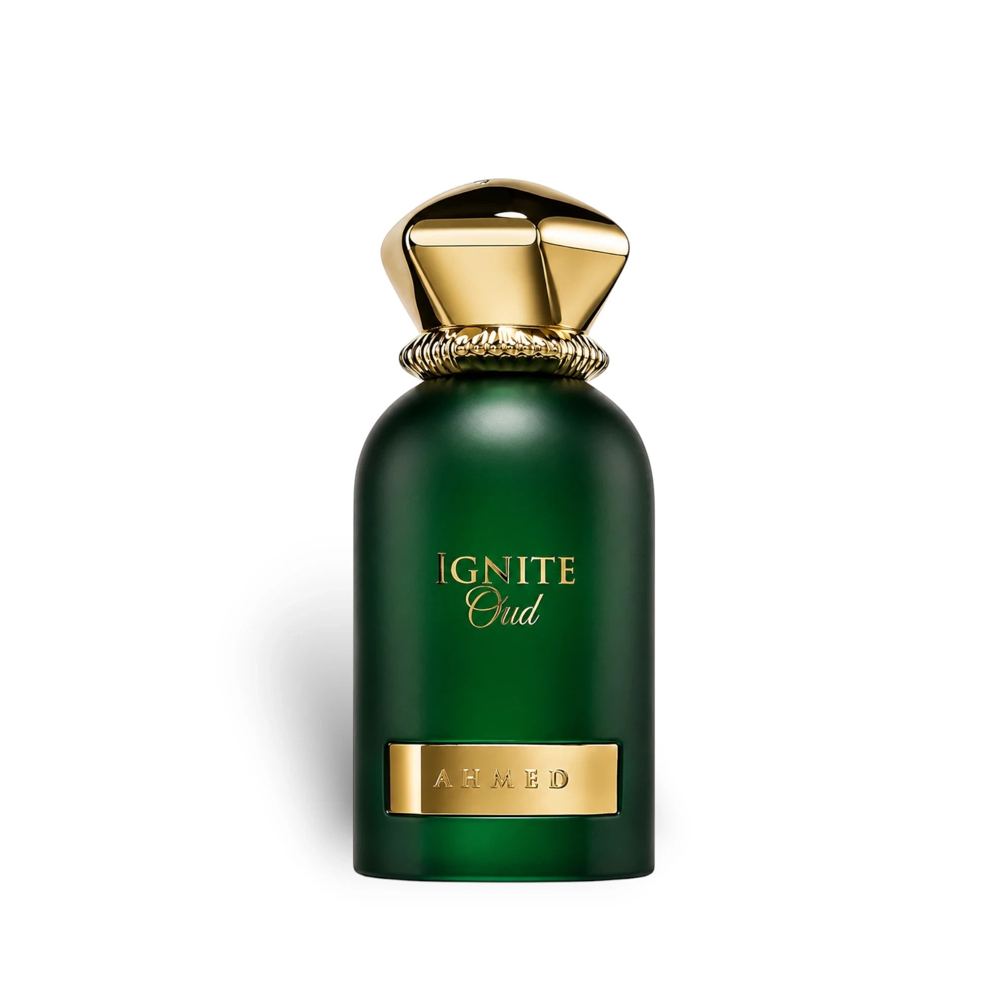 Soghaat Ignite Oud by Ahmed Al Maghribi 60ml Eau de Parfum in a dark green glass bottle with a gold cap and label.