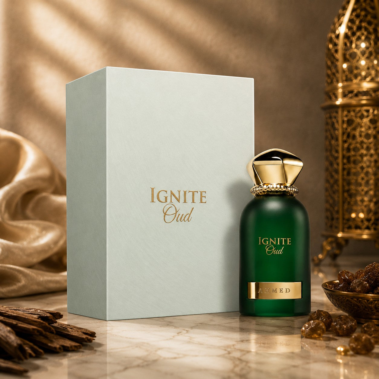 Soghaat Ignite Oud 60ml Eau de Parfum in a green bottle with gold cap, displayed with its box, oud wood, and lantern.
