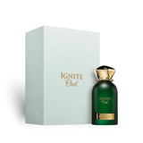Soghaat Ignite Oud 60ml Eau de Parfum by Ahmed Al Maghribi in a green bottle with gold cap next to its gift box.