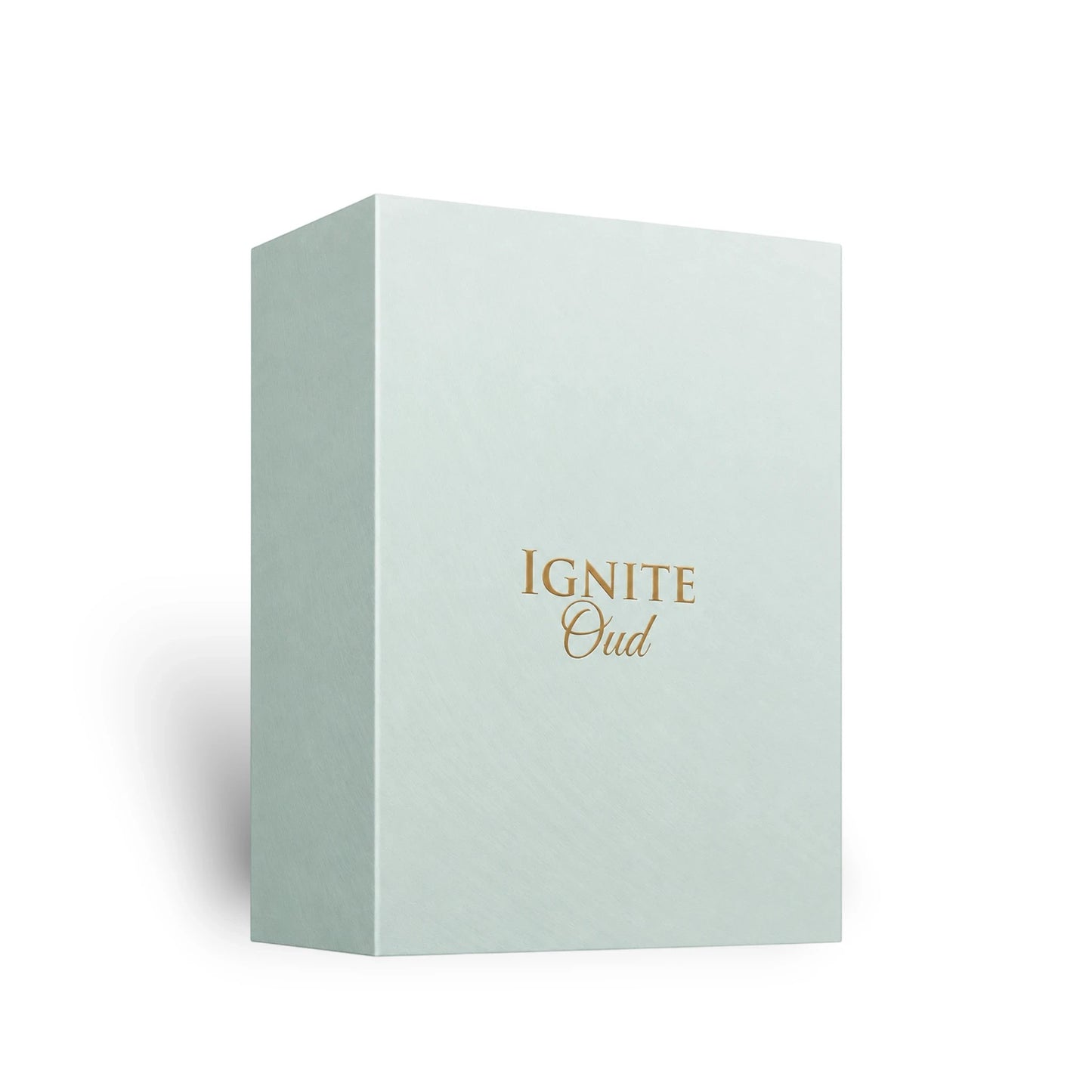 Soghaat Ignite Oud 60ml Eau de Parfum box in pale green with elegant gold lettering, a unisex woody amber fragrance.
