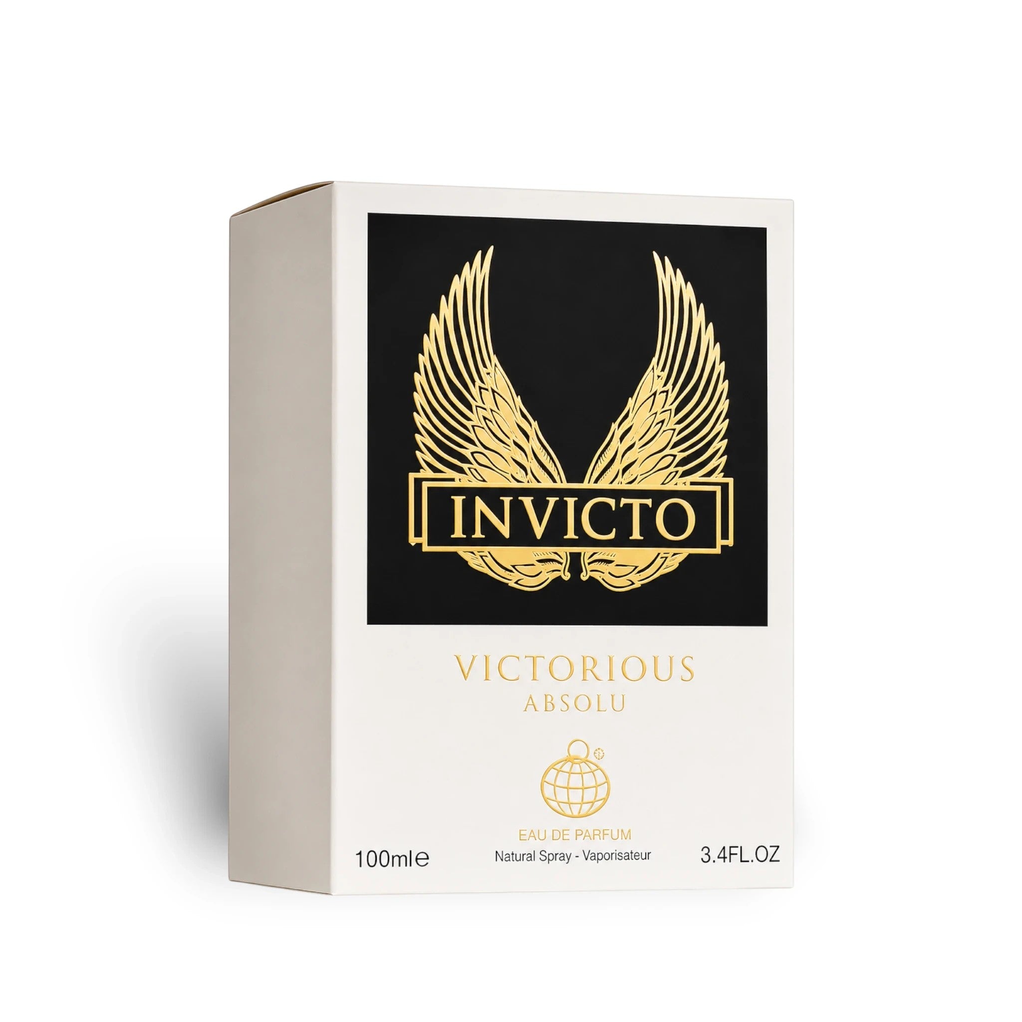 Soghaat Invicto Victorious Absolu Eau de Parfum 100ml box featuring gold wings logo on a black and white background.