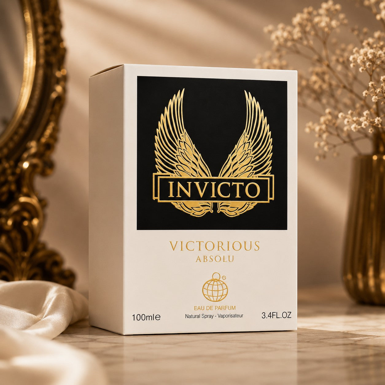Soghaat Fragrance World Invicto Victorious Absolu 100ml Eau de Parfum box with gold wing logo on a marble surface.