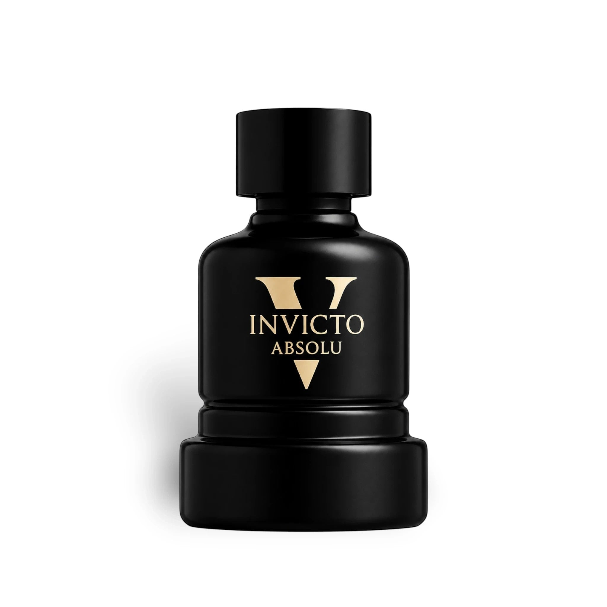 Soghaat Fragrance World Invicto Victorious Absolu men's Eau de Parfum in a sleek matte black bottle with gold lettering.