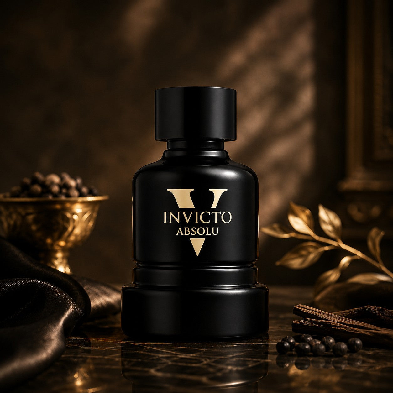 Soghaat Fragrance World Invicto Victorious Absolu amber woody oriental men's perfume bottle with black pepper and wood