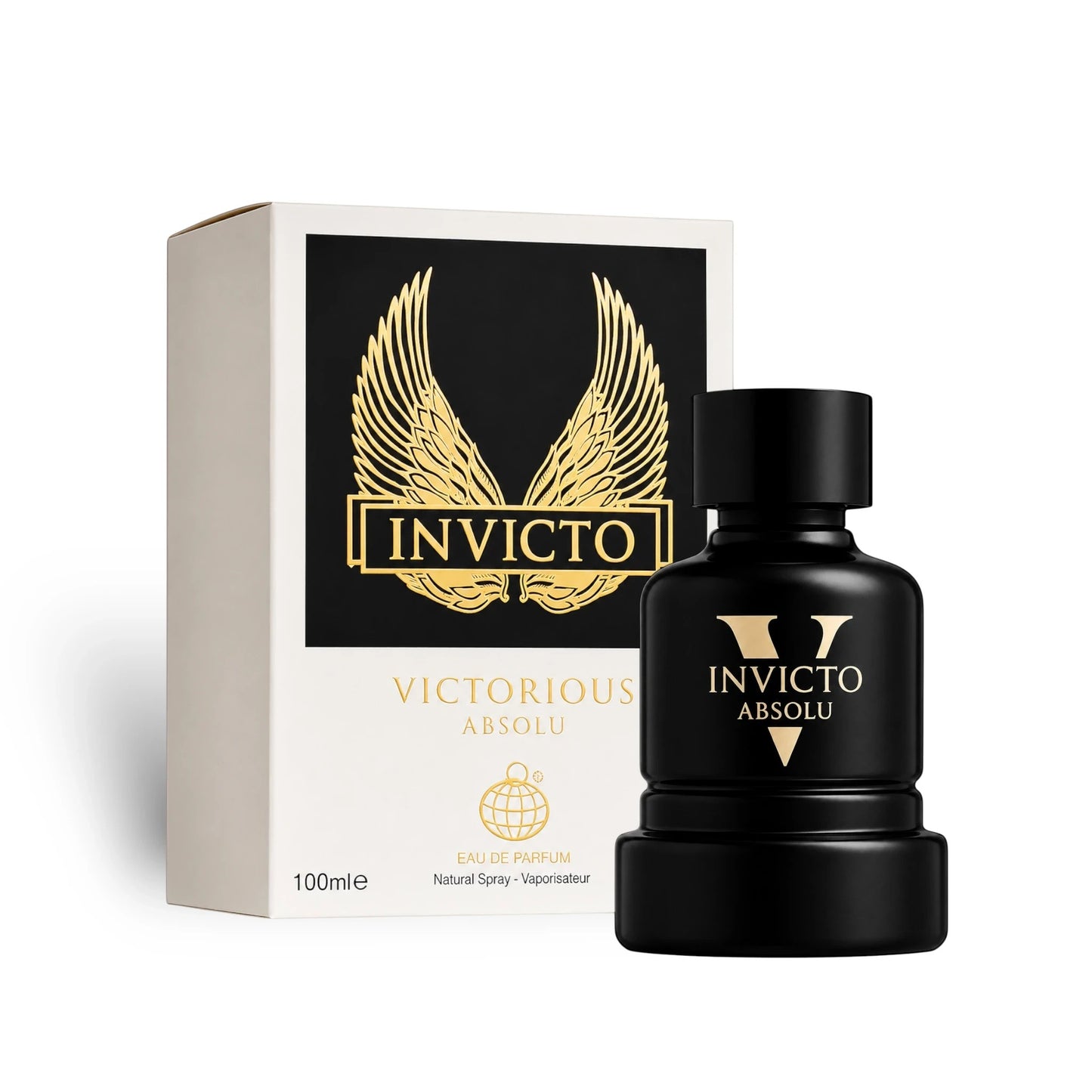 Soghaat Fragrance World Invicto Victorious Absolu 100ml Eau de Parfum bottle and box with gold wing logo.