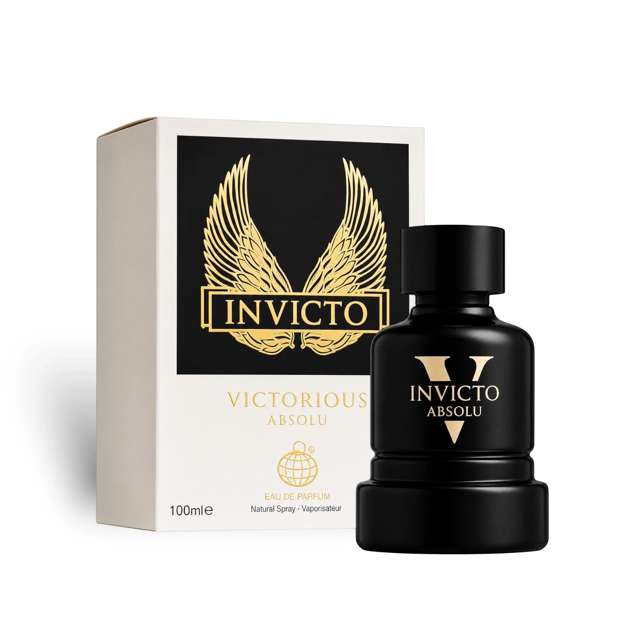 Soghaat Fragrance World Invicto Victorious Absolu 100ml Eau de Parfum bottle and box with gold wing logo.
