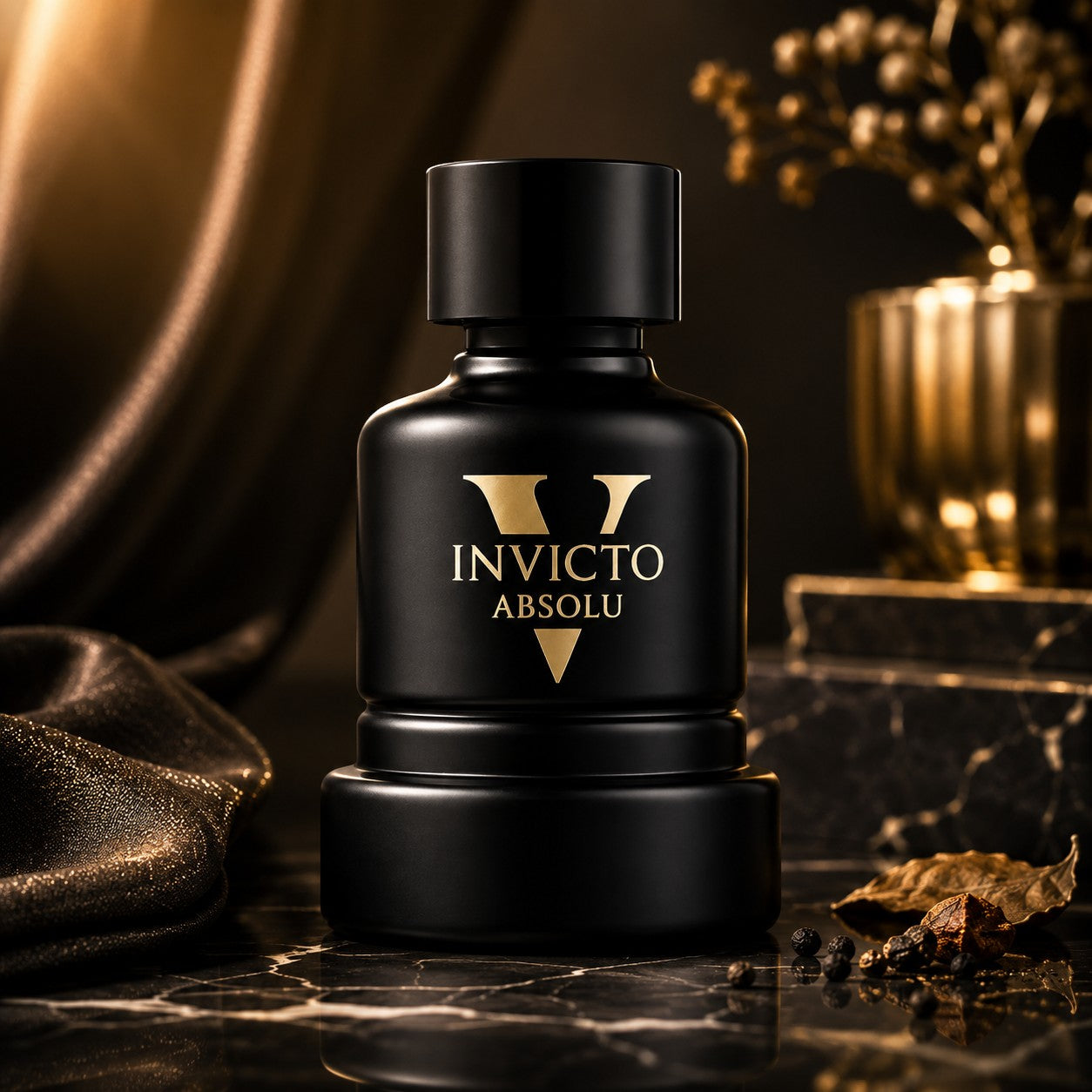 Soghaat Fragrance World Invicto Victorious Absolu men's amber woody Eau de Parfum in a matte black bottle.