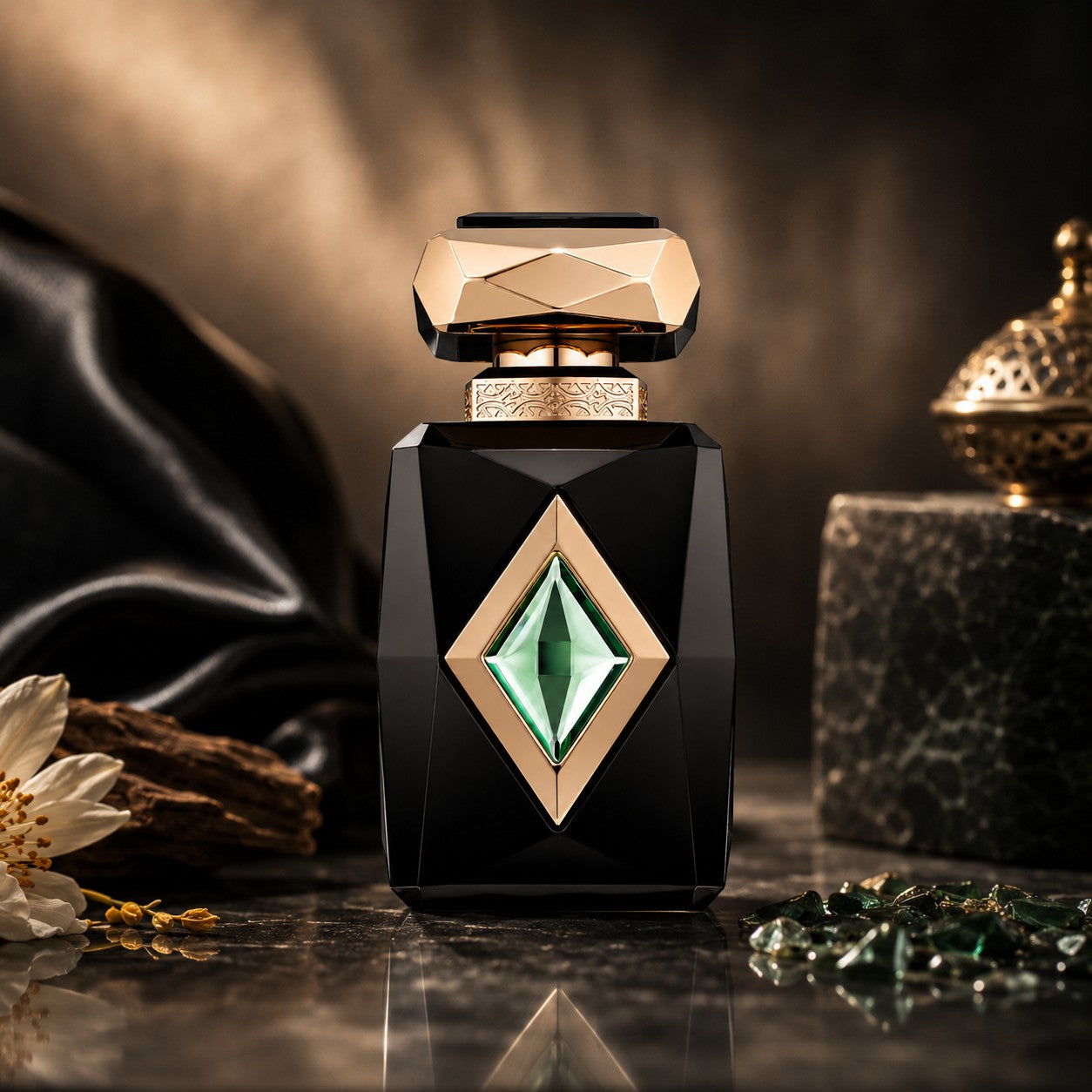 Soghaat French Avenue Iris Patchouli Extrait de Parfum in a sleek black bottle with a green gem and gold accents.
