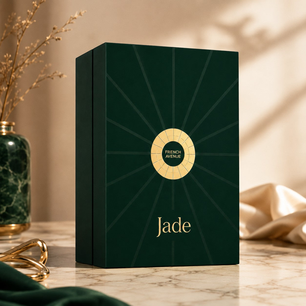 Soghaat Jade Extrait de Parfum 100ml bottle in a dark green box with gold accents. Amber woody oriental fragrance.