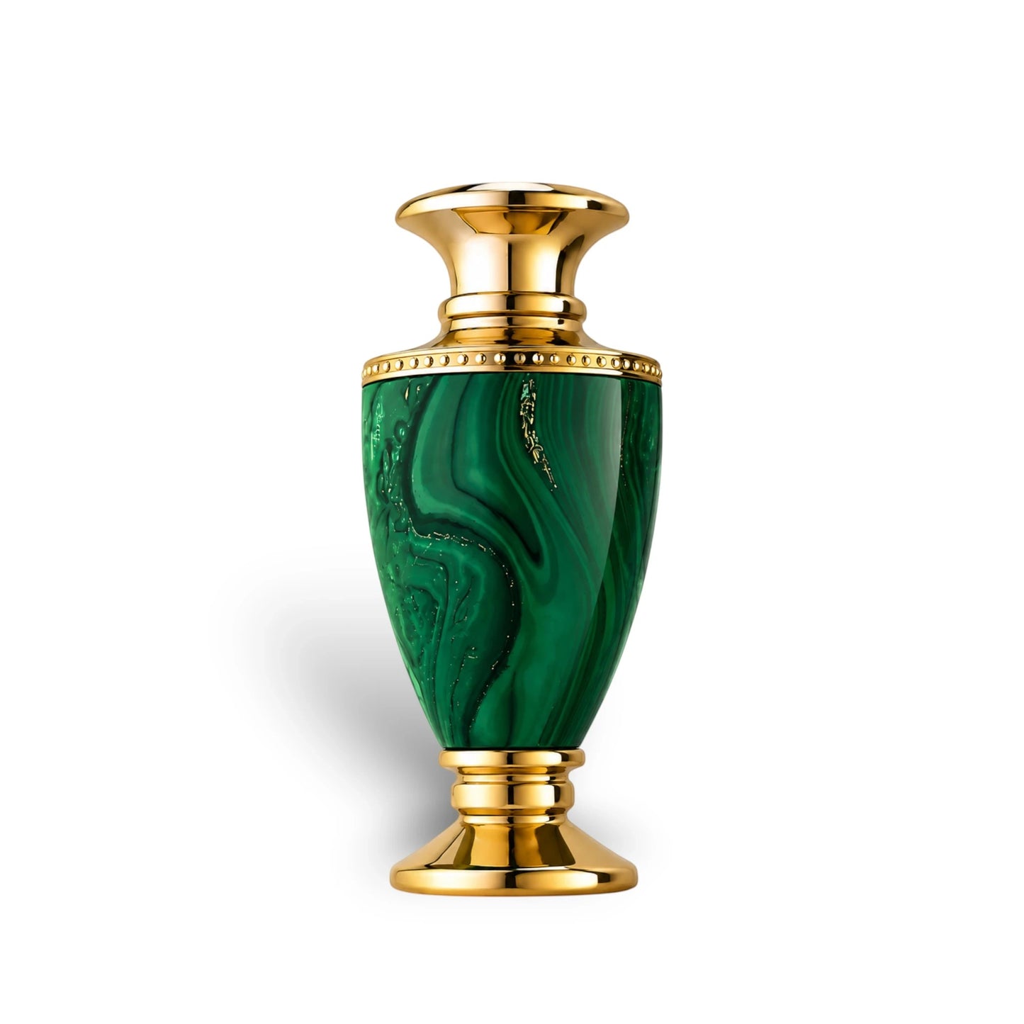 Soghaat Jade 100ml Extrait de Parfum, a green malachite bottle with gold accents, featuring woody, jasmine, and amber notes.