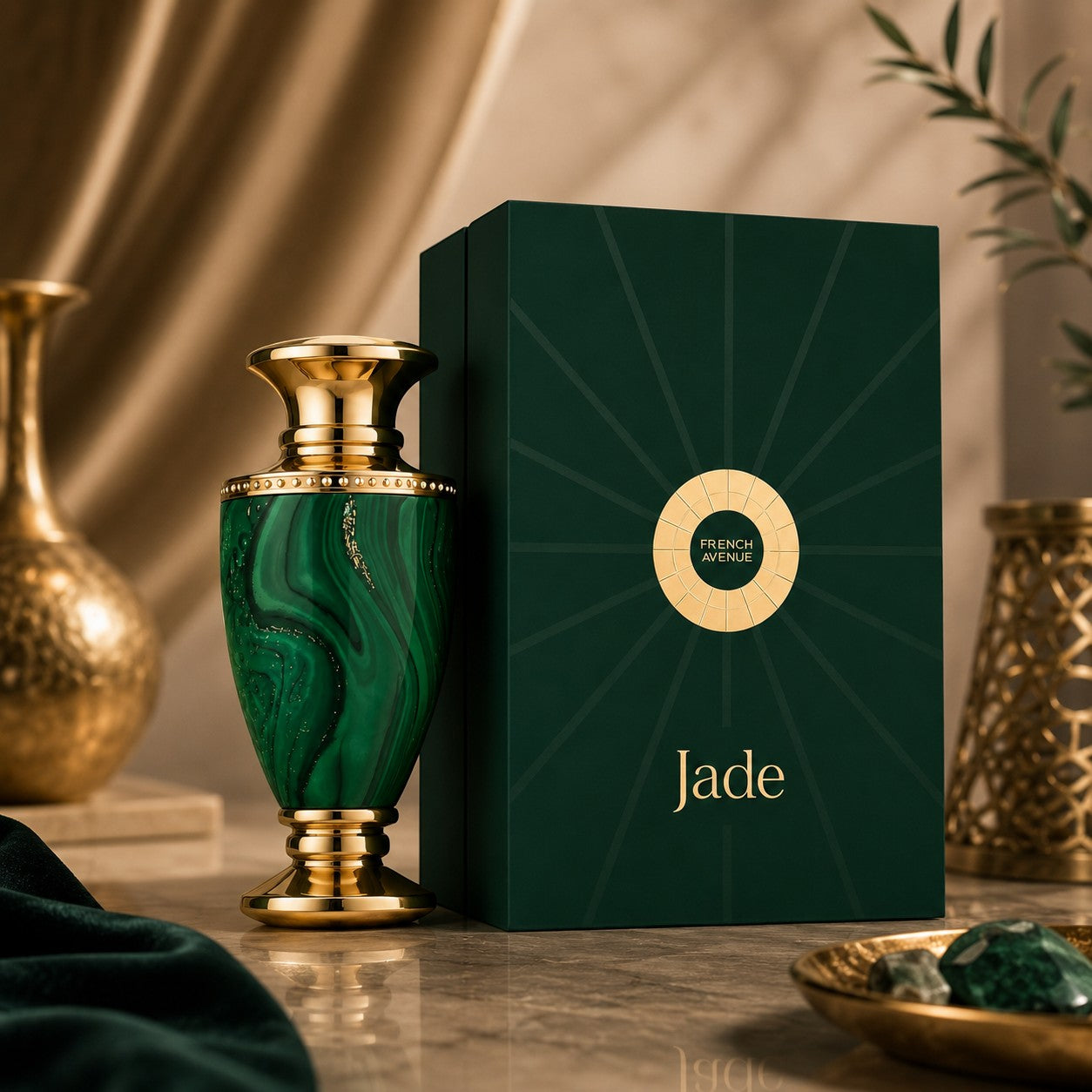 Soghaat Jade Extrait de Parfum bottle with malachite green swirls and gold accents, next to its dark green box.