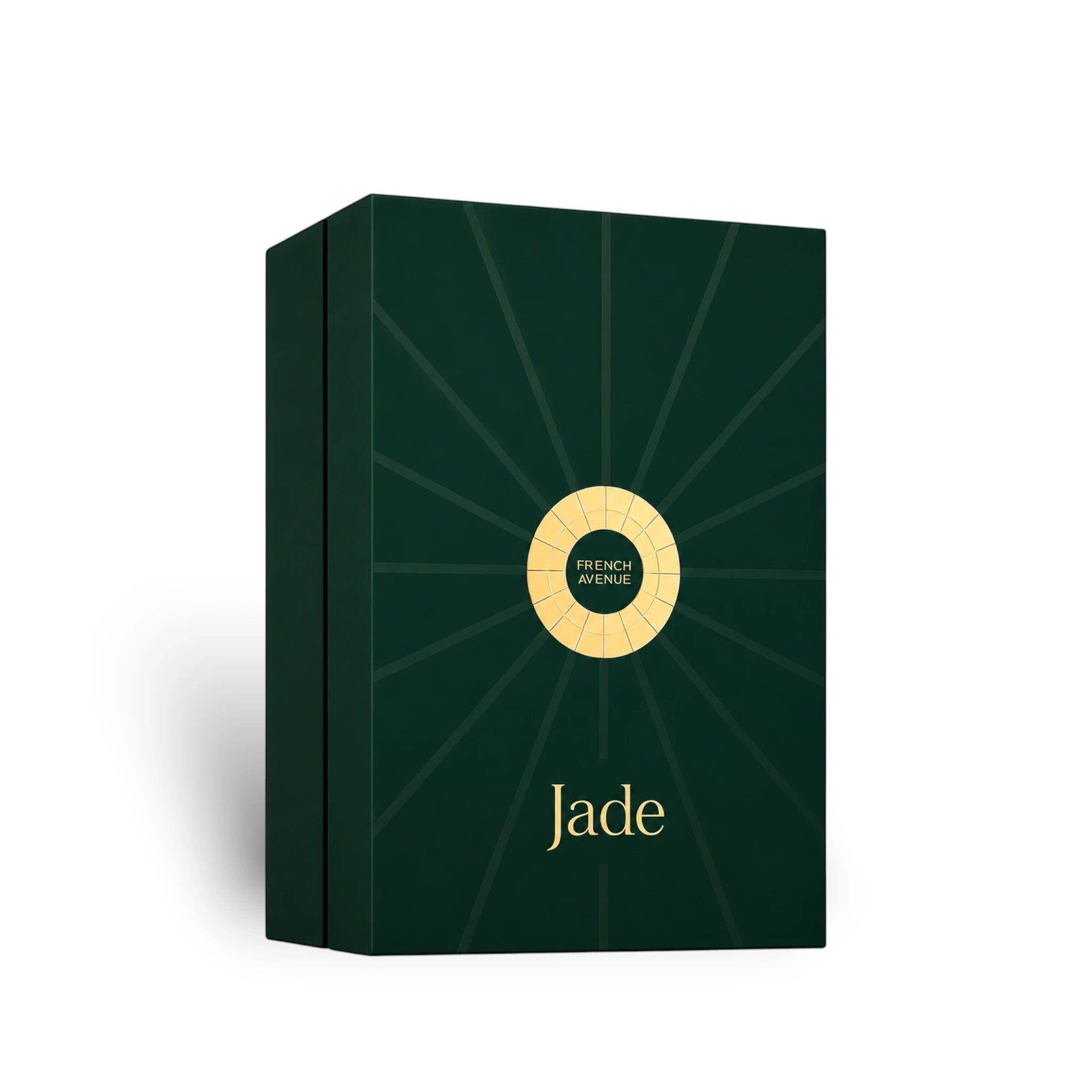 Soghaat Jade 100ml Extrait de Parfum box, dark green with gold sunburst design and text.