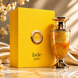 Soghaat Jade Giallo Extrait de Parfum bottle with yellow sunburst box. Fresh woody aromatic fragrance.