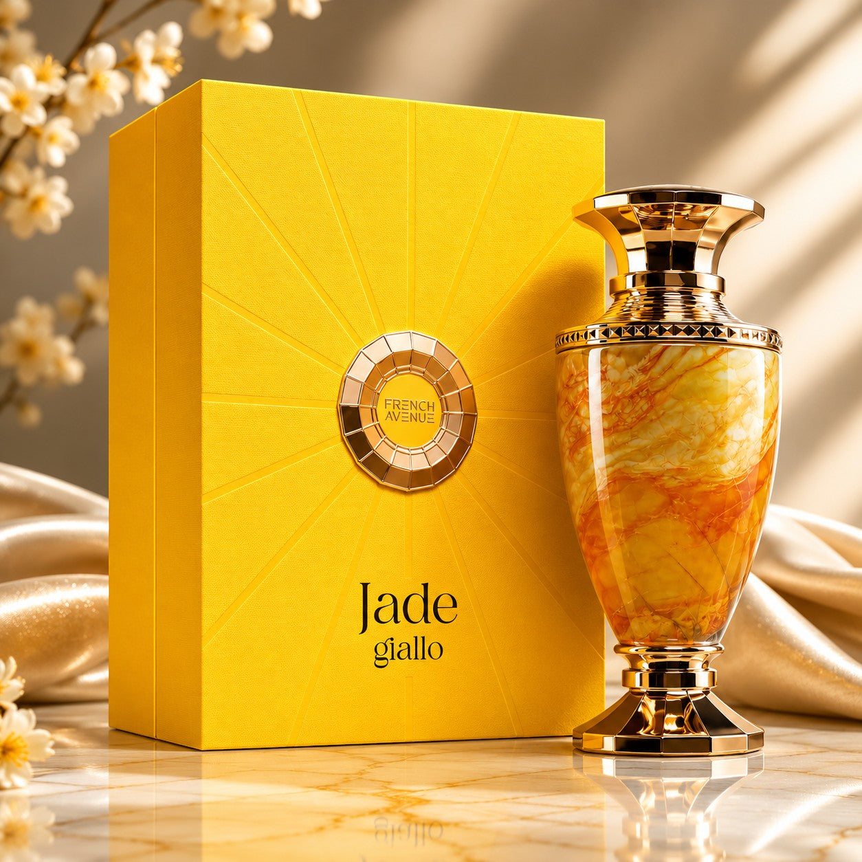 Soghaat Jade Giallo Extrait de Parfum bottle with yellow sunburst box. Fresh woody aromatic fragrance.