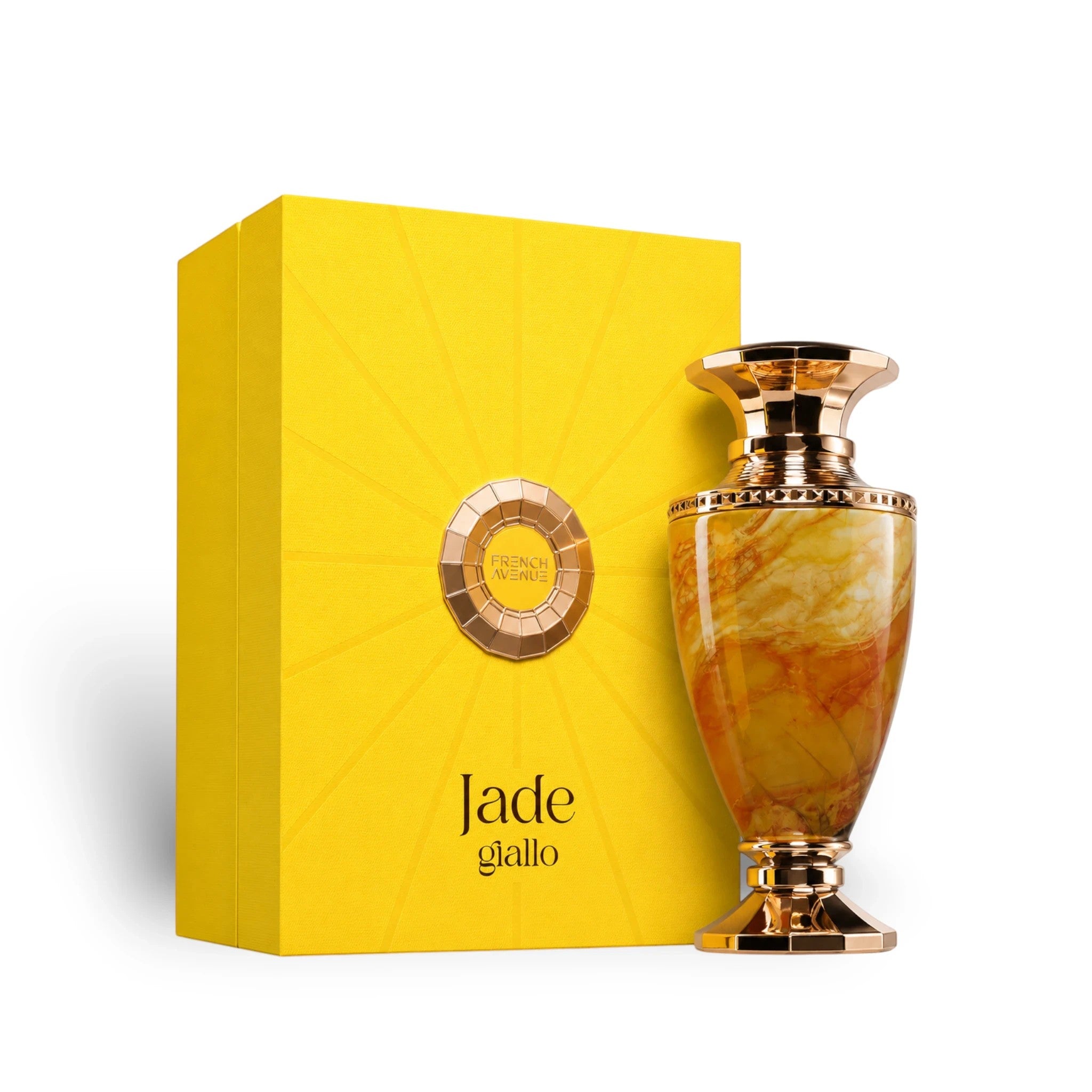 Soghaat Jade Giallo Extrait de Parfum bottle with marbled yellow and orange glass and gold accents, next to a bright yellow box.